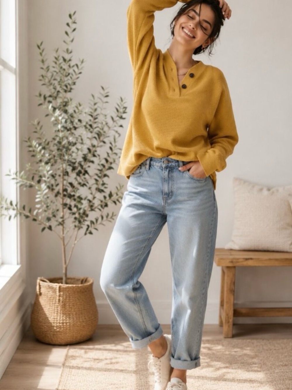 Madewell MWL Golden Meadow Textured Waffle V-Neck Long Sleeve Henley Size Medium